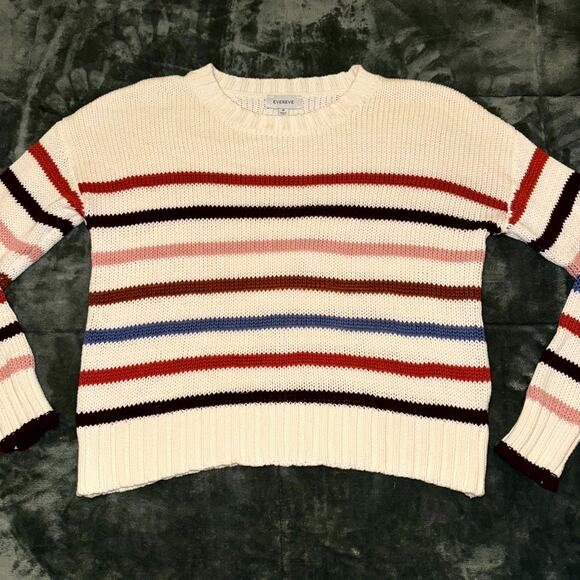 Evereve Sweater Women's Medium Cream Multi Striped Knitted Crewneck Pullover - Picture 9 of 9